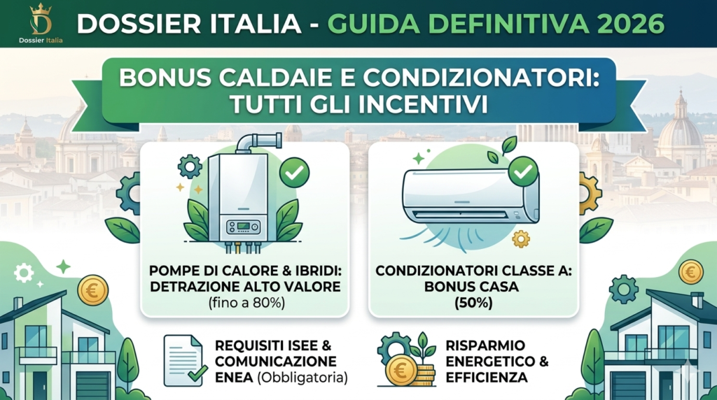 Schema grafico incentivi bonus caldaie e condizionatori 2026 Dossier Italia